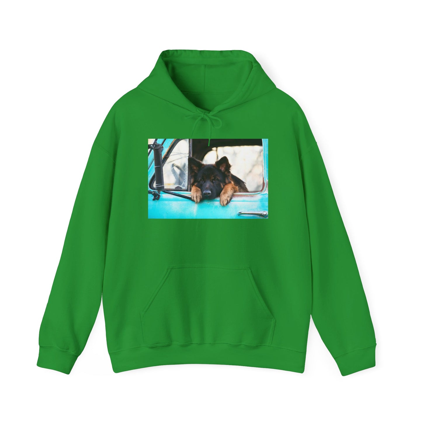 Unisex Dog Lover Hoodie With German Shepherd Puppy Putting His Head and Front Legs On The Truck Seat's Window