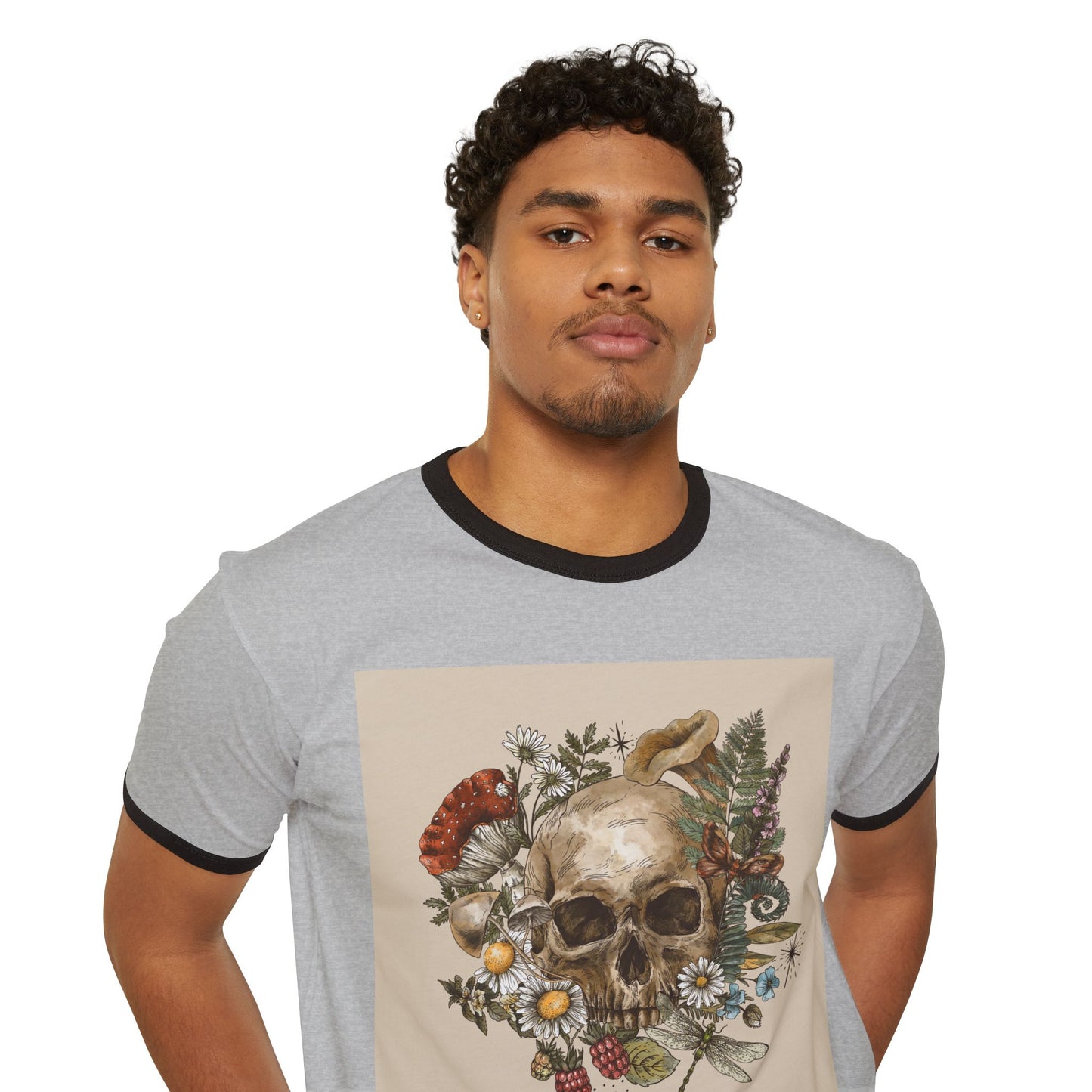 Vintage-Inspired Skull Ringer T-Shirt, Unisex Tee, Boho Style Shirt, Retro Graphic Top, Unique Gift for Halloween, Nature Lovers Apparel