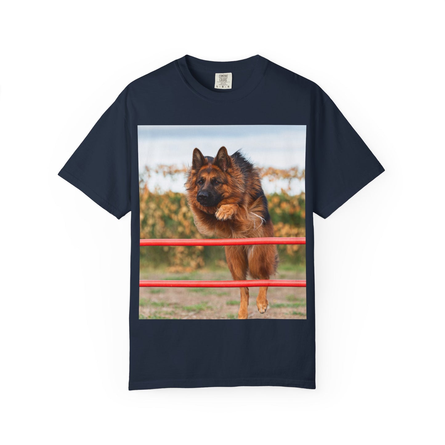 Dog Lover Unisex T-Shirt  Featuring Photograph of Showline German Shepherd Jumping Agility Fence