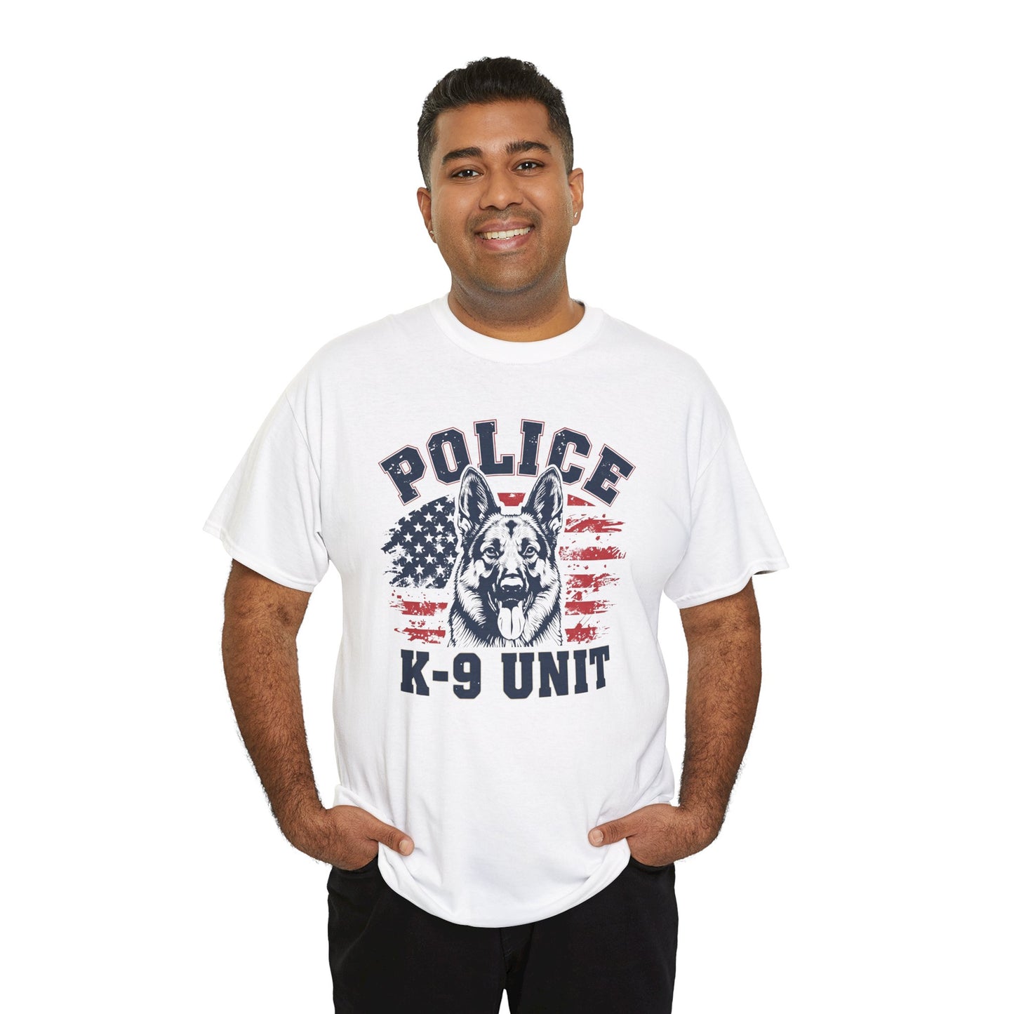 Patriotic Police K-9 Unit T-Shirt With American Flag in Background, Unisex Heavy Cotton Tee