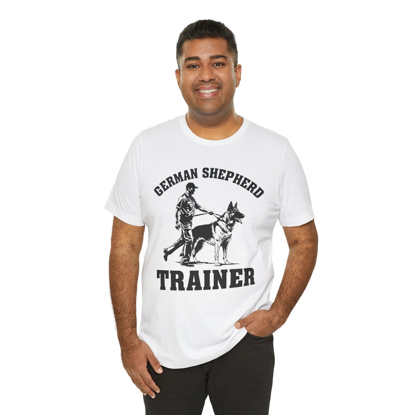 German Shepherd Trainer Tee - Black and White Design of Man Holding a German Shepherd