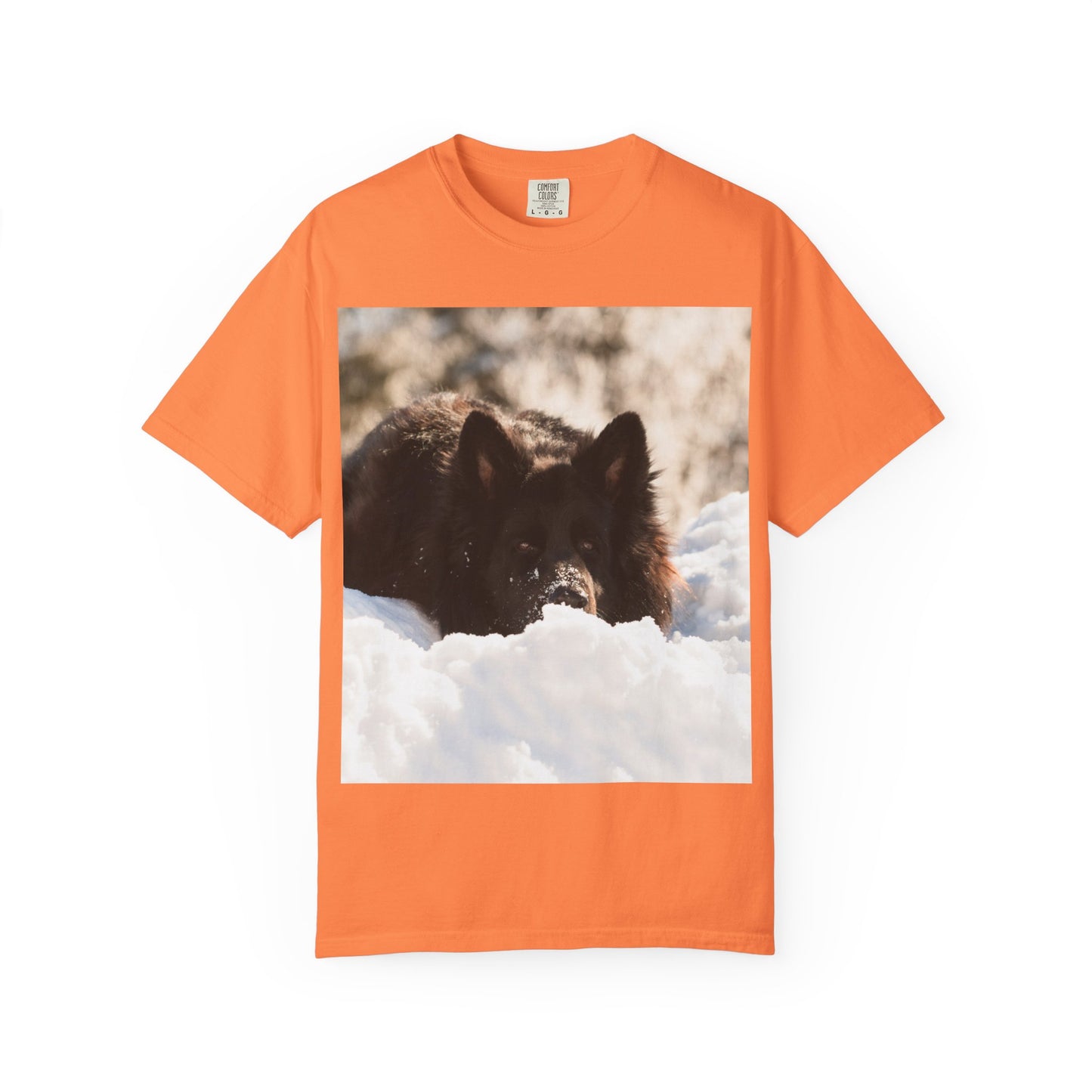 Unisex Dog Lover T-Shirt Featuring a Giant Black German Shepherd Resting on the Snow