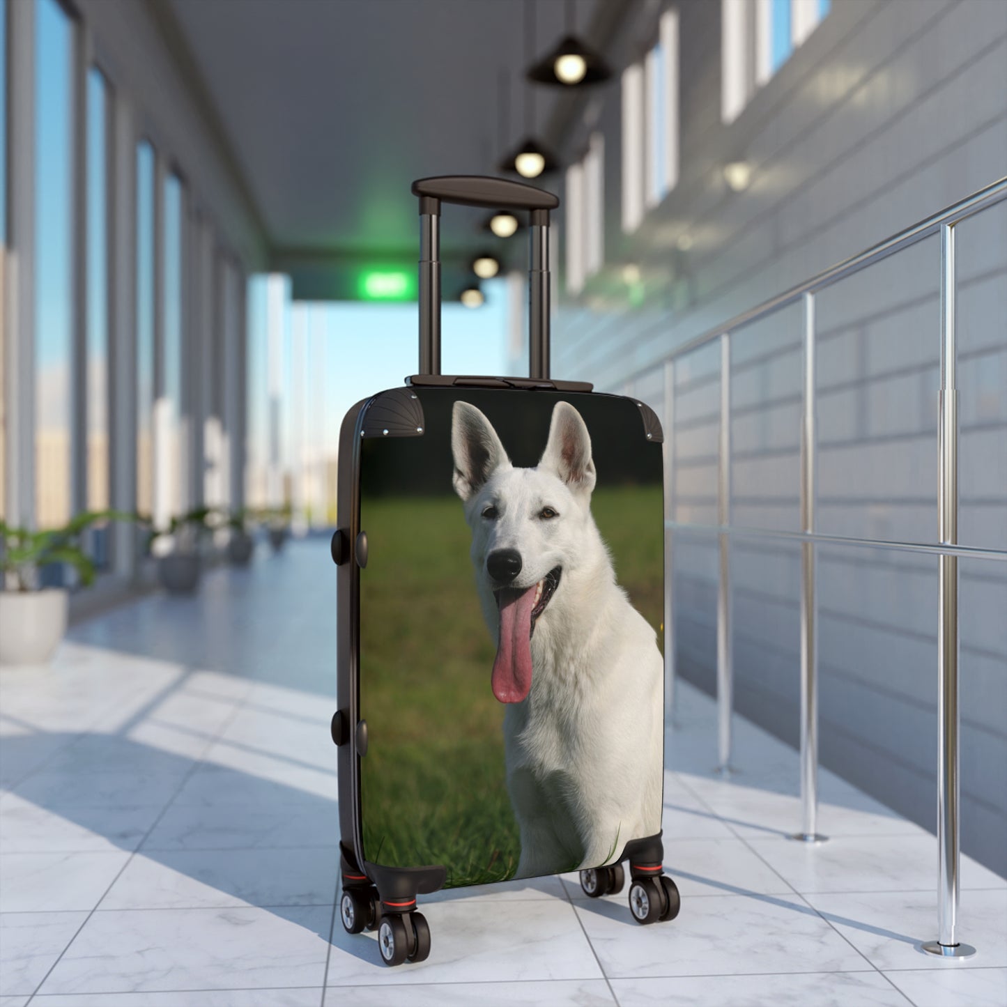 Dog Lover Suitcase Featuring a Giant White German Shepherd Sloppily Sitting on Grass Leaving Tongue Out
