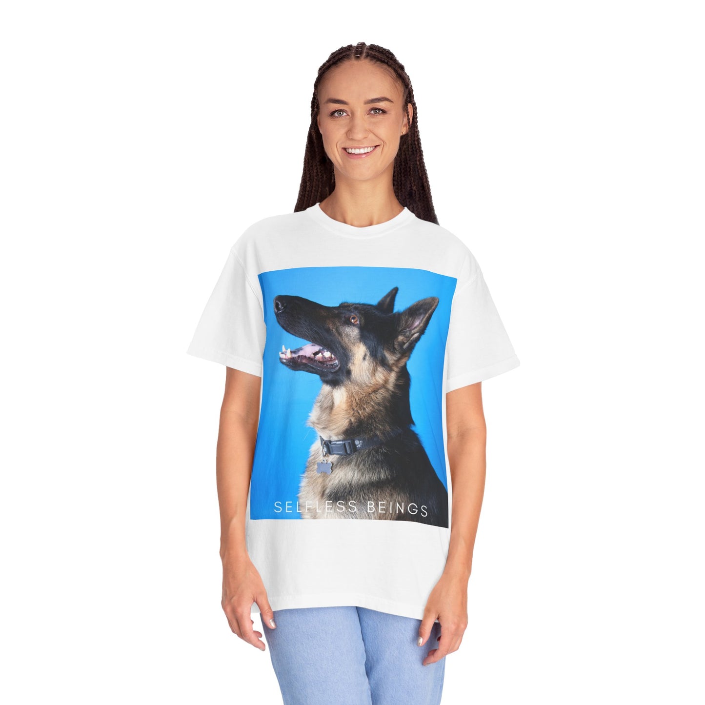 Unisex Dog Lover T-Shirt With Close Up Portrait of German Shepherd from Side Angle, Having Blue Background and Caption Selfless Beings