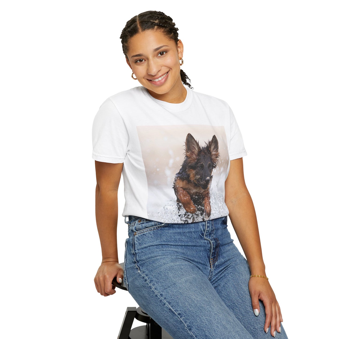 Unisex Dog Lover T-Shirt Featuring a German Shepherd Puppy Jumping In The Water