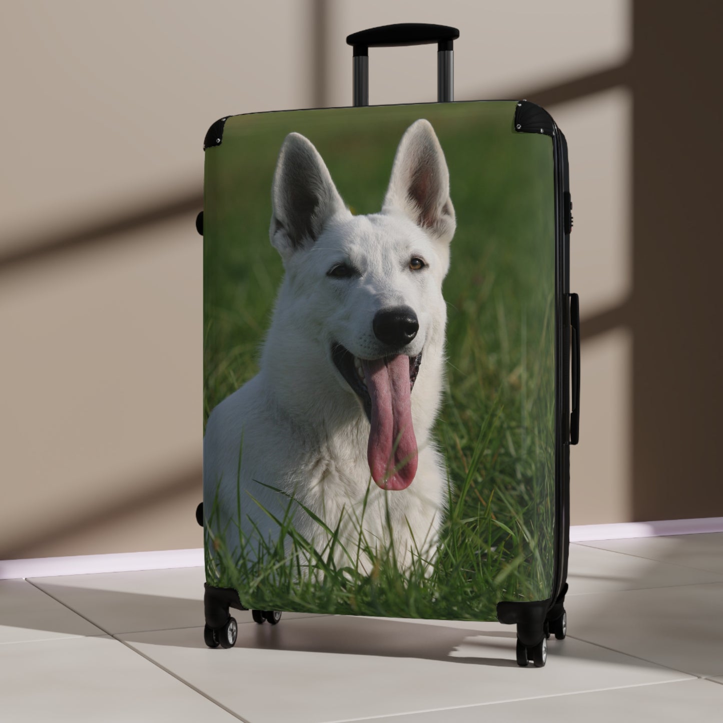 Dog Lovers Suitcase Featuring a White German Shepherd Resting On Grass Leaving Tongue Out