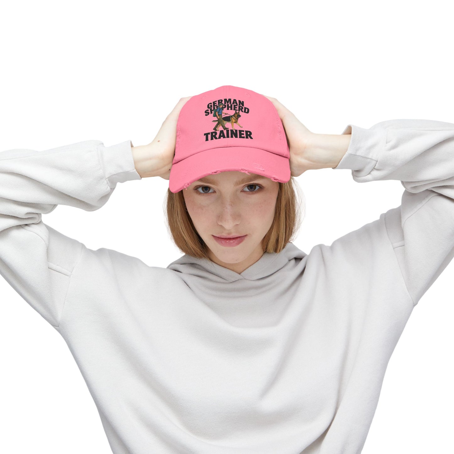 Unisex Distressed Cap Featuring a Trainer Leading German Shepherd, Dog Trainer Gift