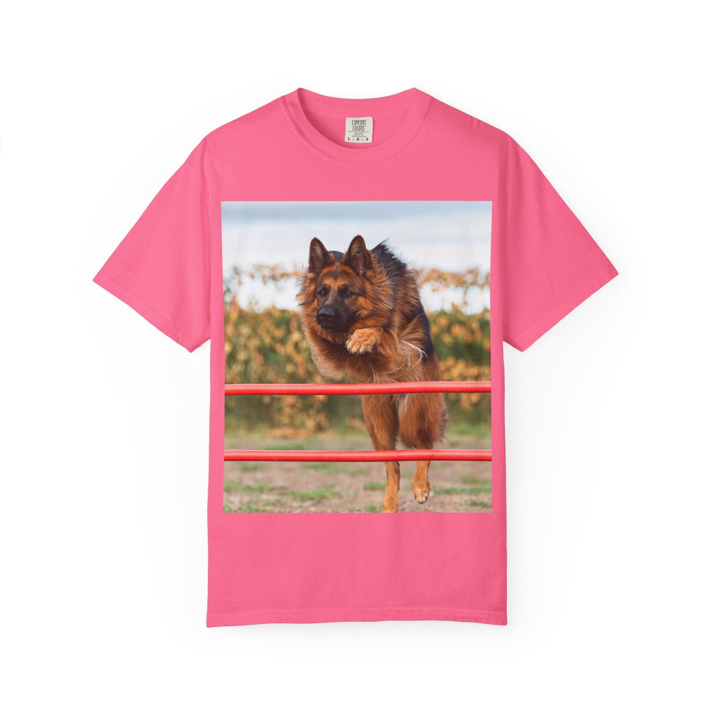 Dog Lover Unisex T-Shirt  Featuring Photograph of Showline German Shepherd Jumping Agility Fence