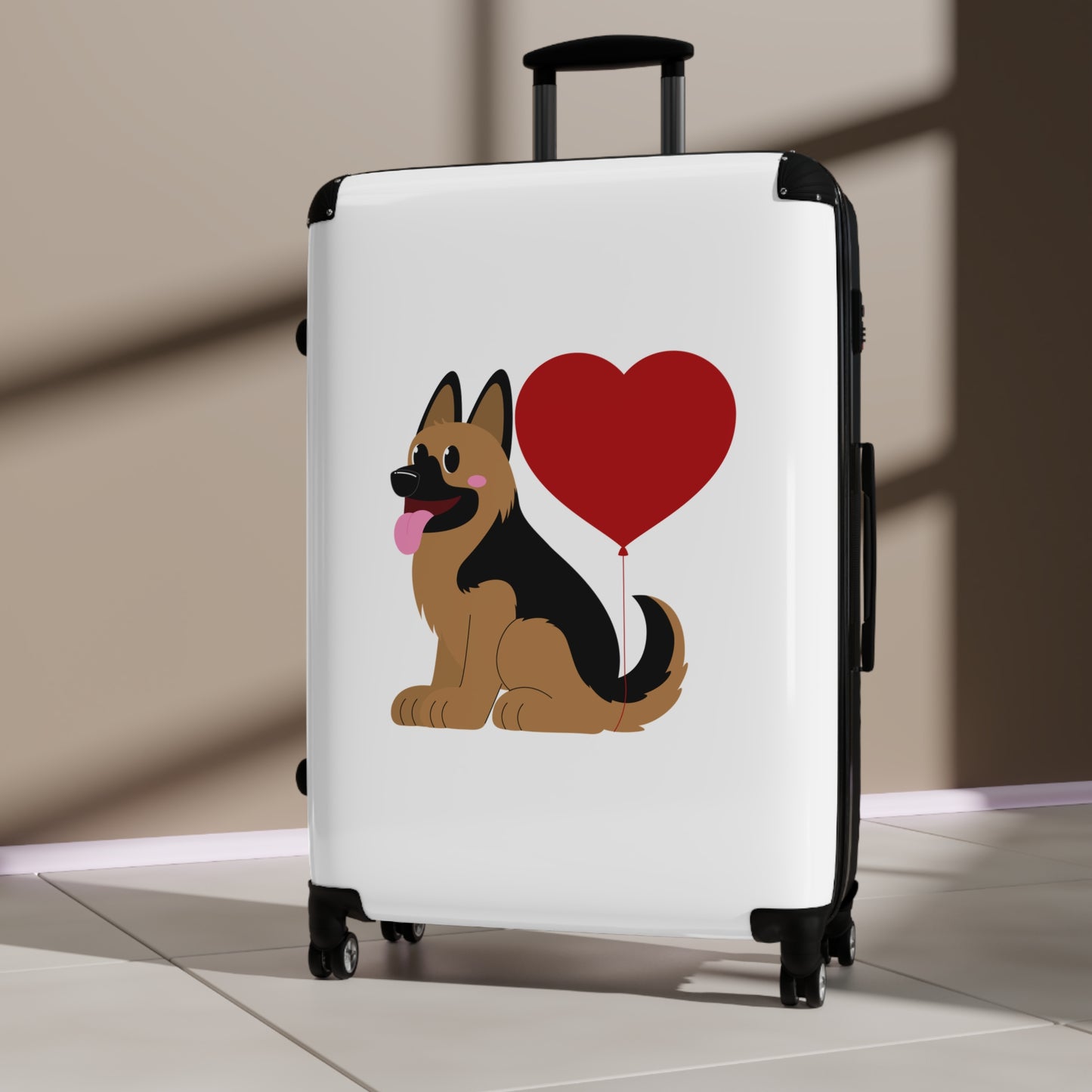 Dog Lover's Suitcase Featuring Graphic of a German Shepherd Puppy and Heart Shaped Balloon Attached to Tail