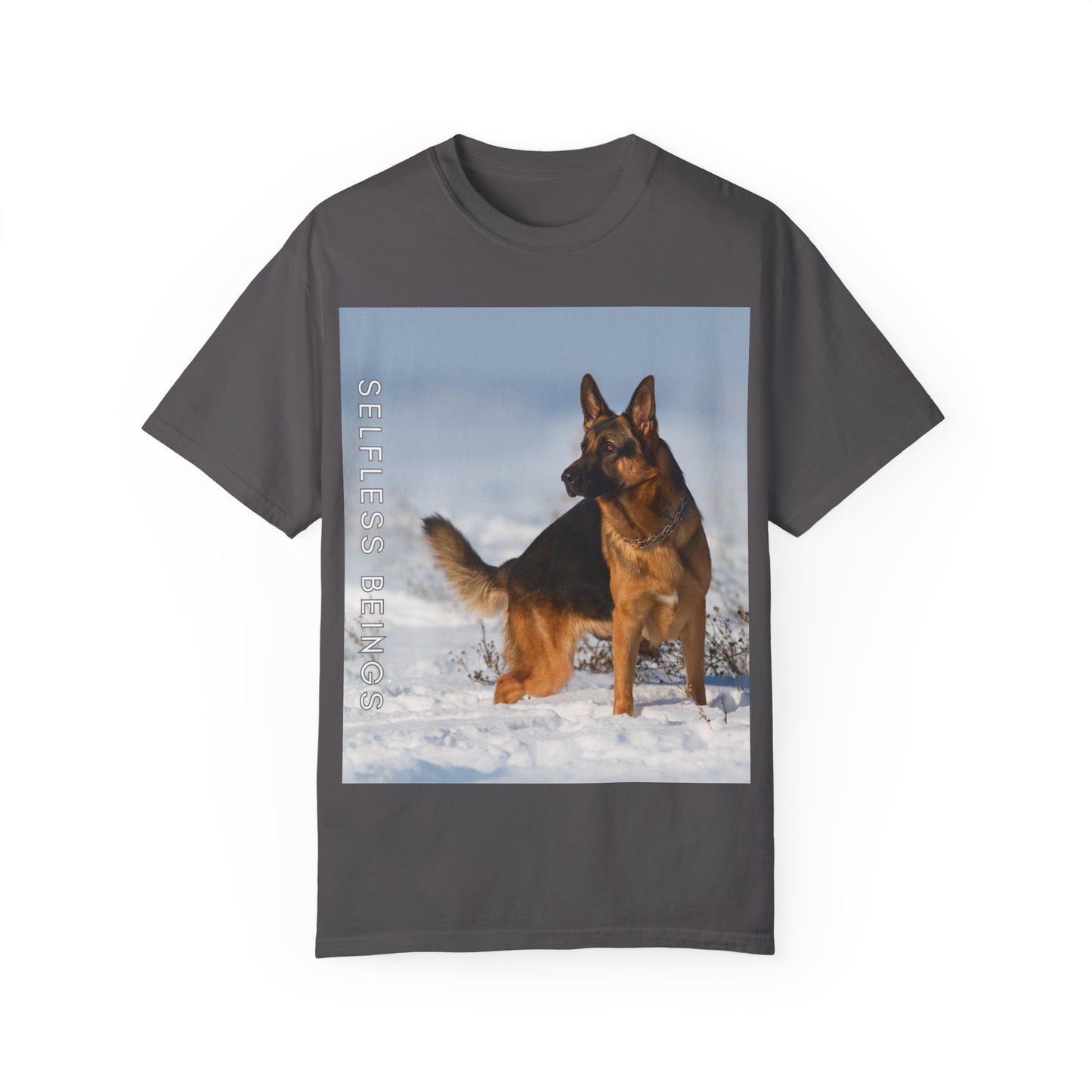 Unisex Dog Lover T-Shirt With a Beautiful German Shepherd Looking at Side Standing on the Snow and Caption Selfless Beings