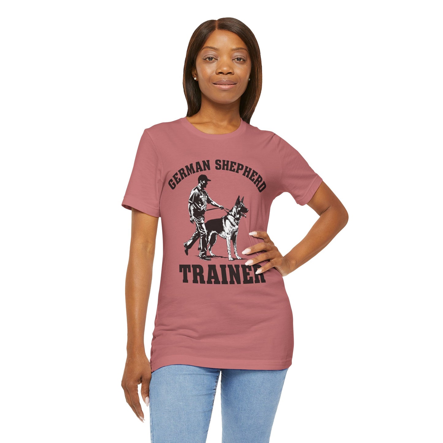 German Shepherd Trainer Tee - Black and White Design of Man Holding a German Shepherd