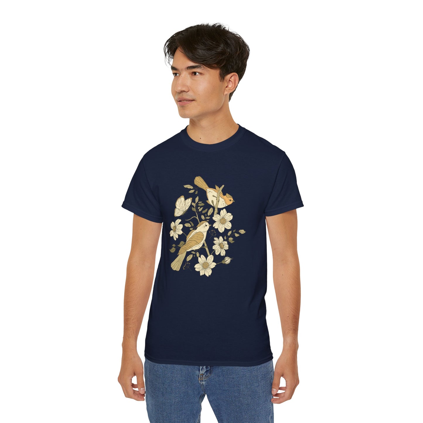 Nature-Inspired Unisex Tee, Floral Bird Print T-Shirt, Gift for Nature Lovers, Spring Fashion, Eco-Friendly Casual Wear