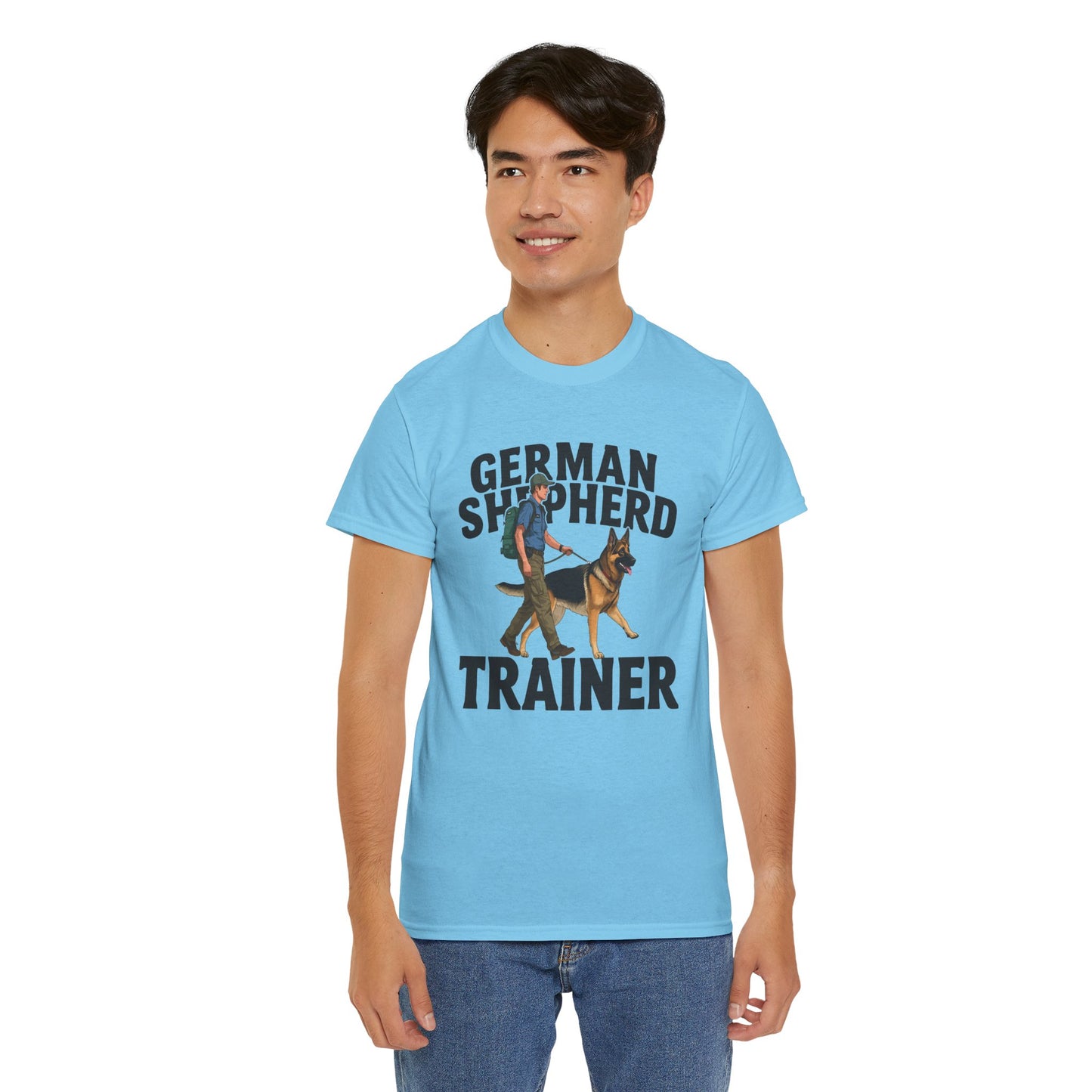 German Shepherd Trainer Tee - Man Holding a German Shepherd | Dog Lover Gift