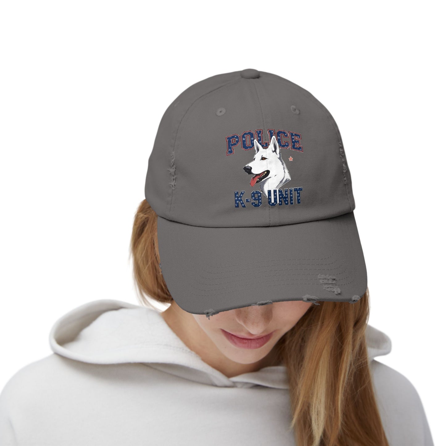 Unisex Distressed Cap with Police K9 Design Featuring German Shepherd, Trendy Dog Lover Hat, Perfect Gift for Police Supporters