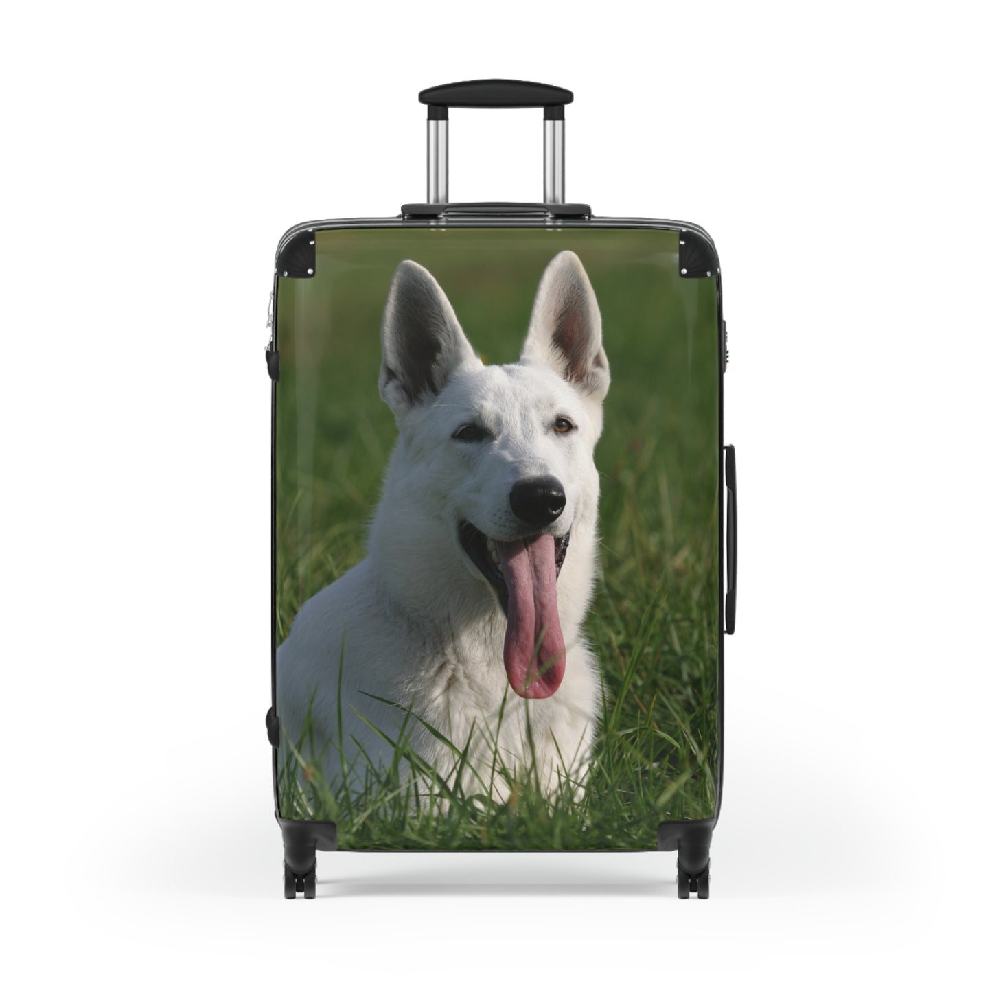 Dog Lovers Suitcase Featuring a White German Shepherd Resting On Grass Leaving Tongue Out