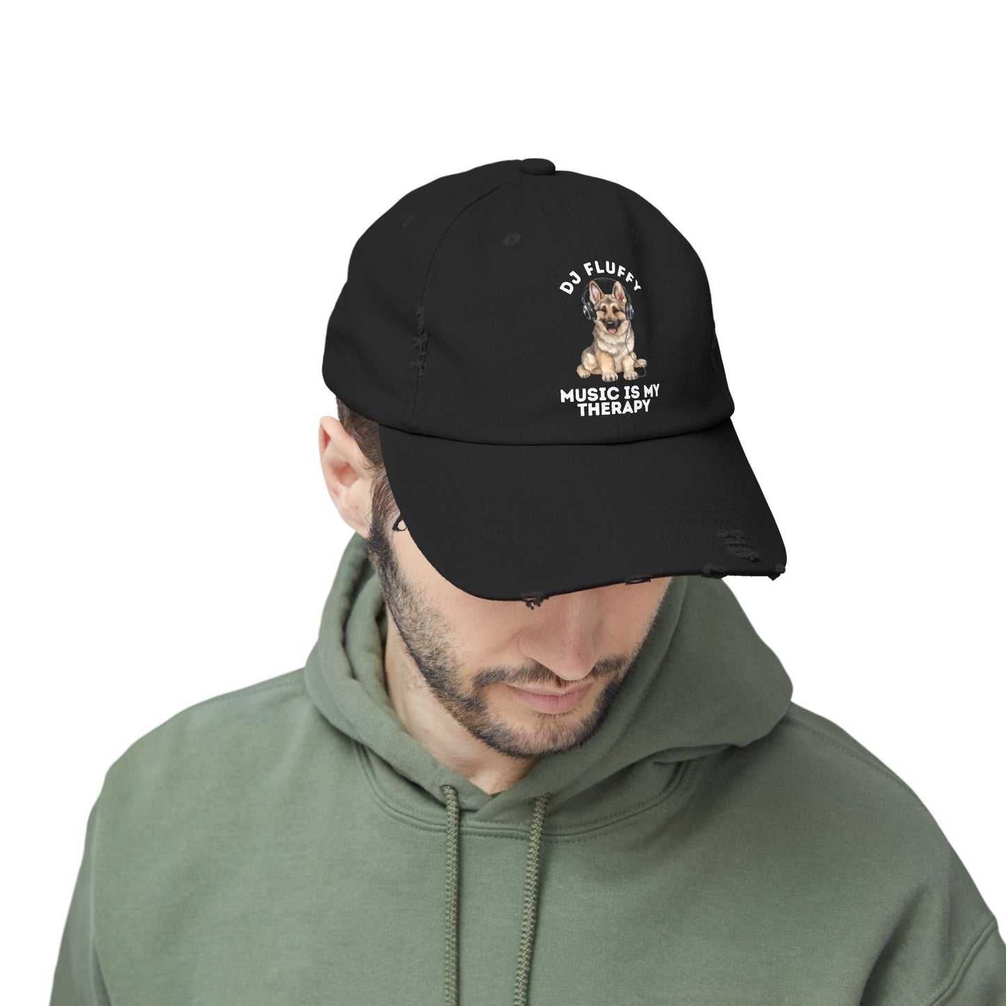 Distressed Dog Cap with German Shepherd Wearing Headphones | Pet Lover Gift | Music is My Therapy