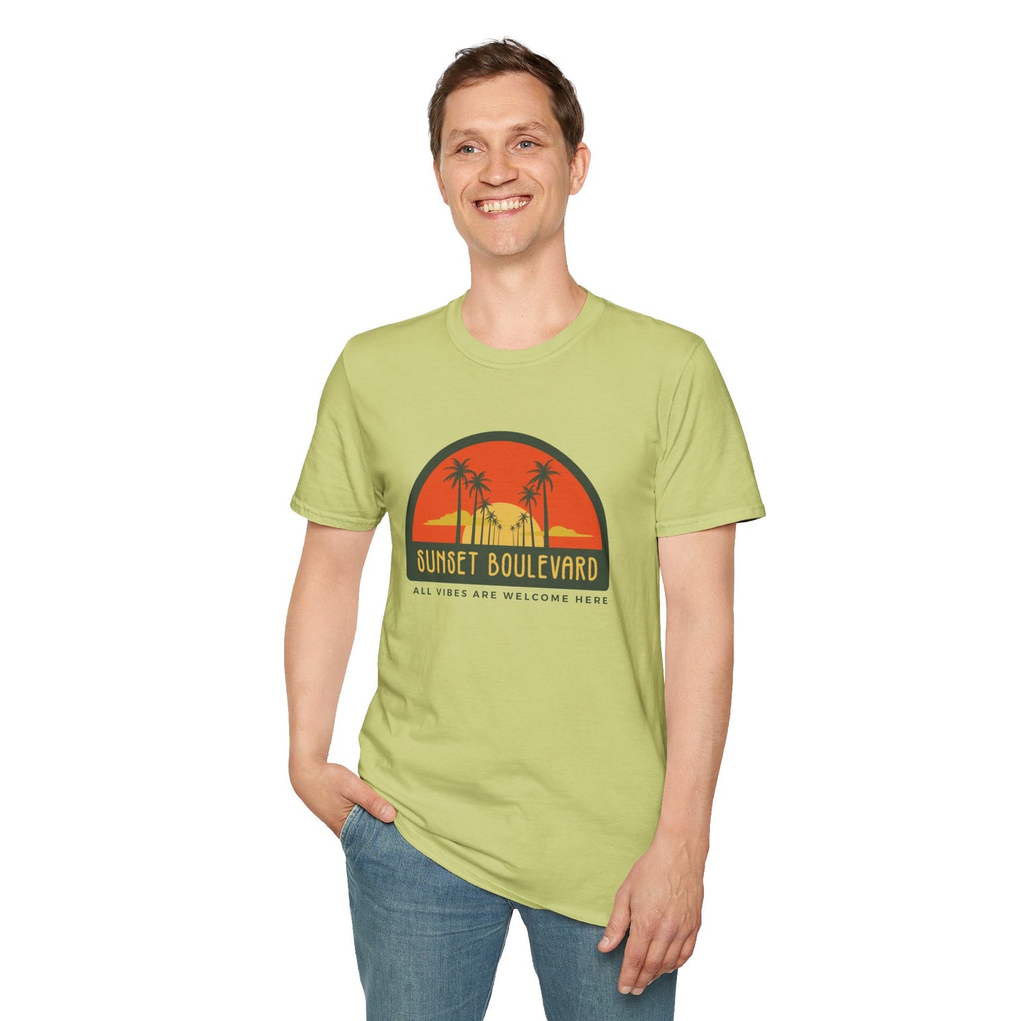 Sunset Boulevard Unisex Softstyle T-Shirt, Retro Beach Tee, Vacation Shirt, Summer Apparel, Travel Gift