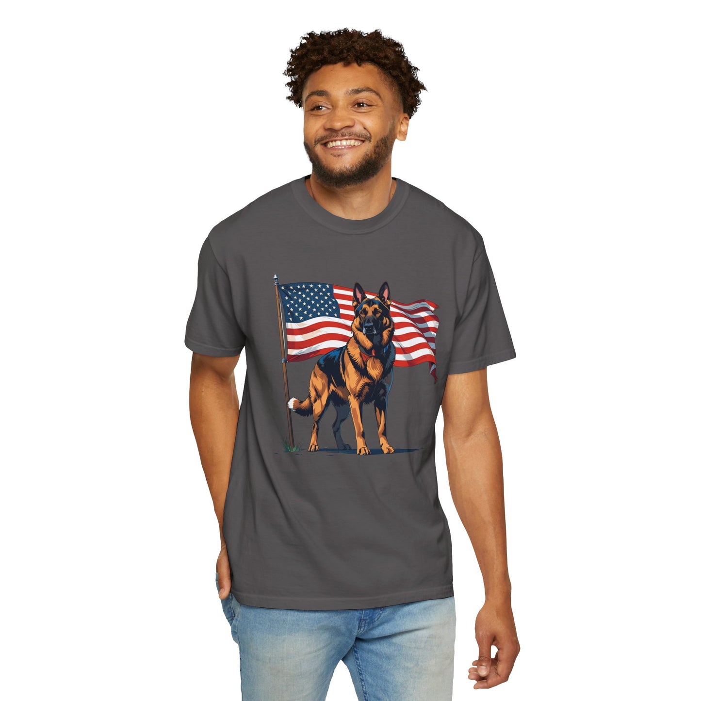 Patriotic German Shepherd Dog T-Shirt, Unisex Garment-Dyed Tee, Dog Lover Gift, US Independence Day Apparel, Casual Wear for Pet Lovers