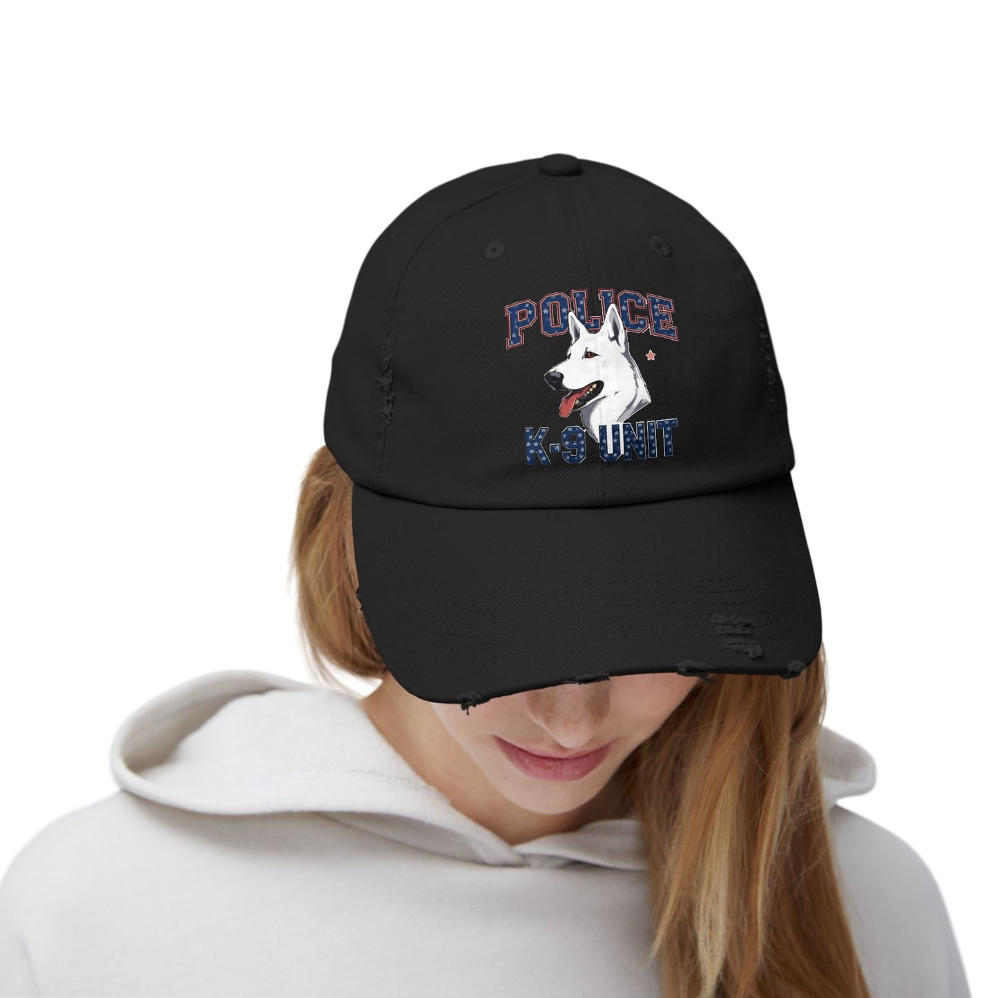Unisex Distressed Cap with Police K9 Design Featuring German Shepherd, Trendy Dog Lover Hat, Perfect Gift for Police Supporters