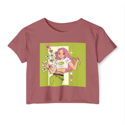 Bohemian Women's Festival Crop Top Featuring  a Modern Girl With Long Pink Hair | Summer Style Top, Graphic Tee, Boho Chic Shirt, Music Festival Outfit