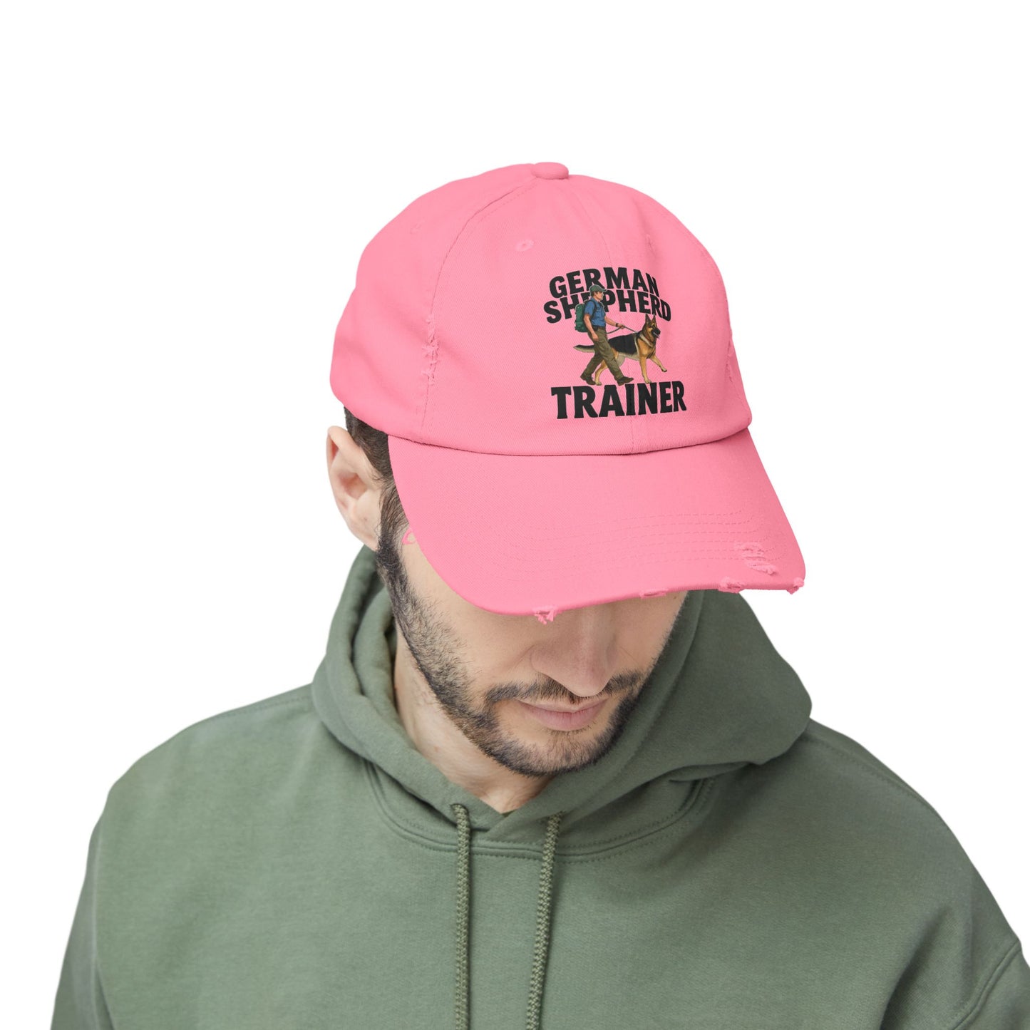 Unisex Distressed Cap Featuring a Trainer Leading German Shepherd, Dog Trainer Gift
