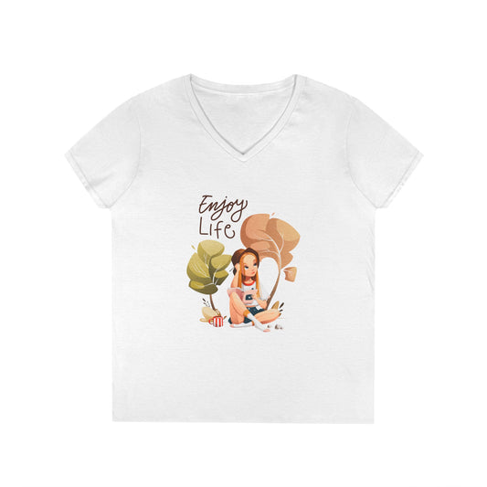 Enjoy Life Ladies' V-Neck T-Shirt Featuring a Cute Girl Writing Diary Outdoor | Casual Wear, Gift for Her, Everyday Fashion, Relaxed Style, Inspirational Tee