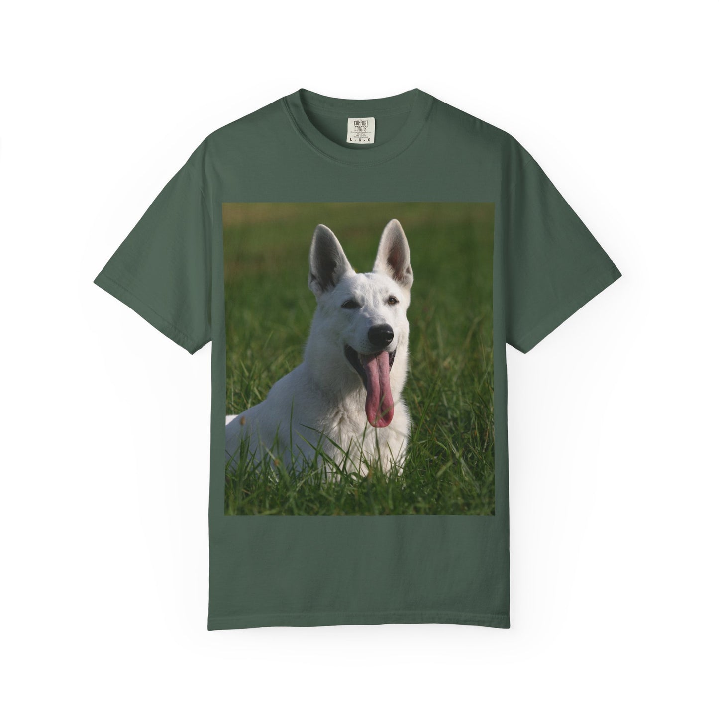 Unisex Dog Lover T-Shirt Featuring White German Shepherd Resting On Green Grass Leaving Tongue Out