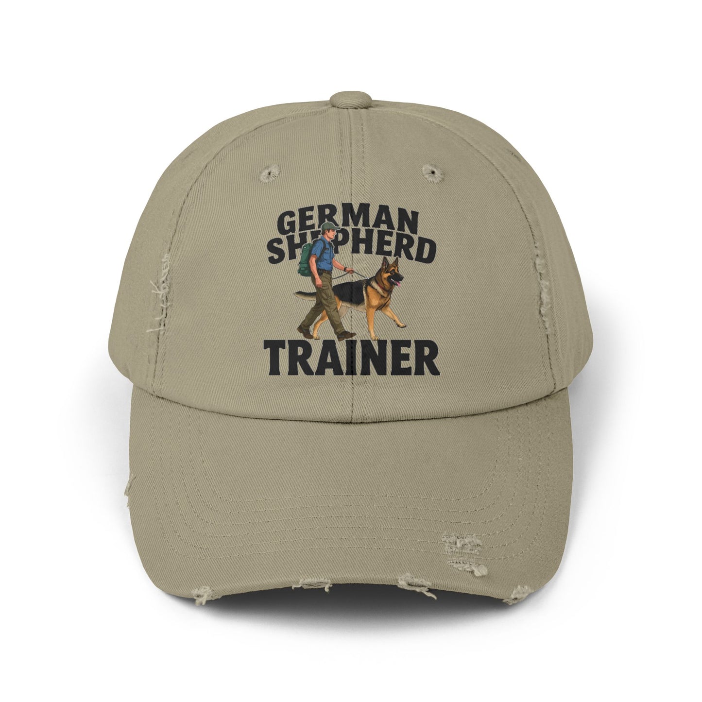 Unisex Distressed Cap Featuring a Trainer Leading German Shepherd, Dog Trainer Gift
