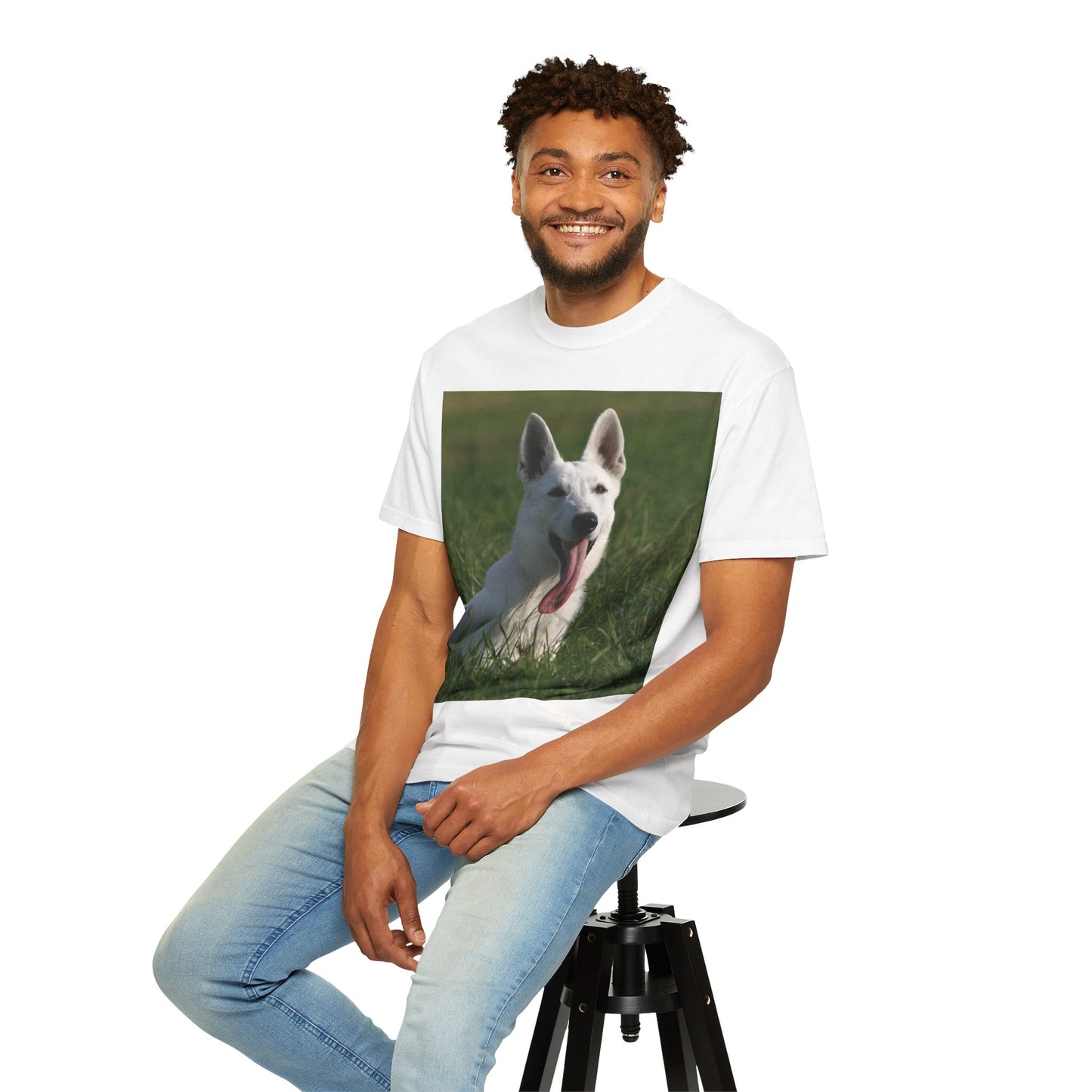 Unisex Dog Lover T-Shirt Featuring White German Shepherd Resting On Green Grass Leaving Tongue Out