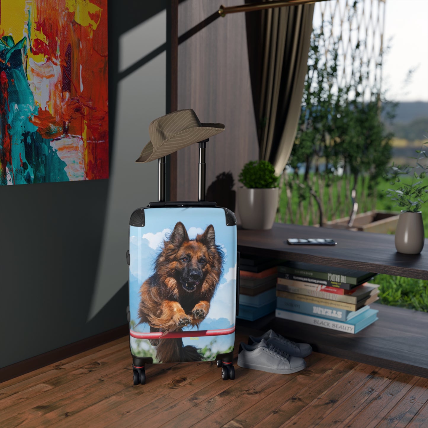 Dog Lover's Travel Suitcase Featuring a German Shepherd in the Air While Jumping An Agility Fence