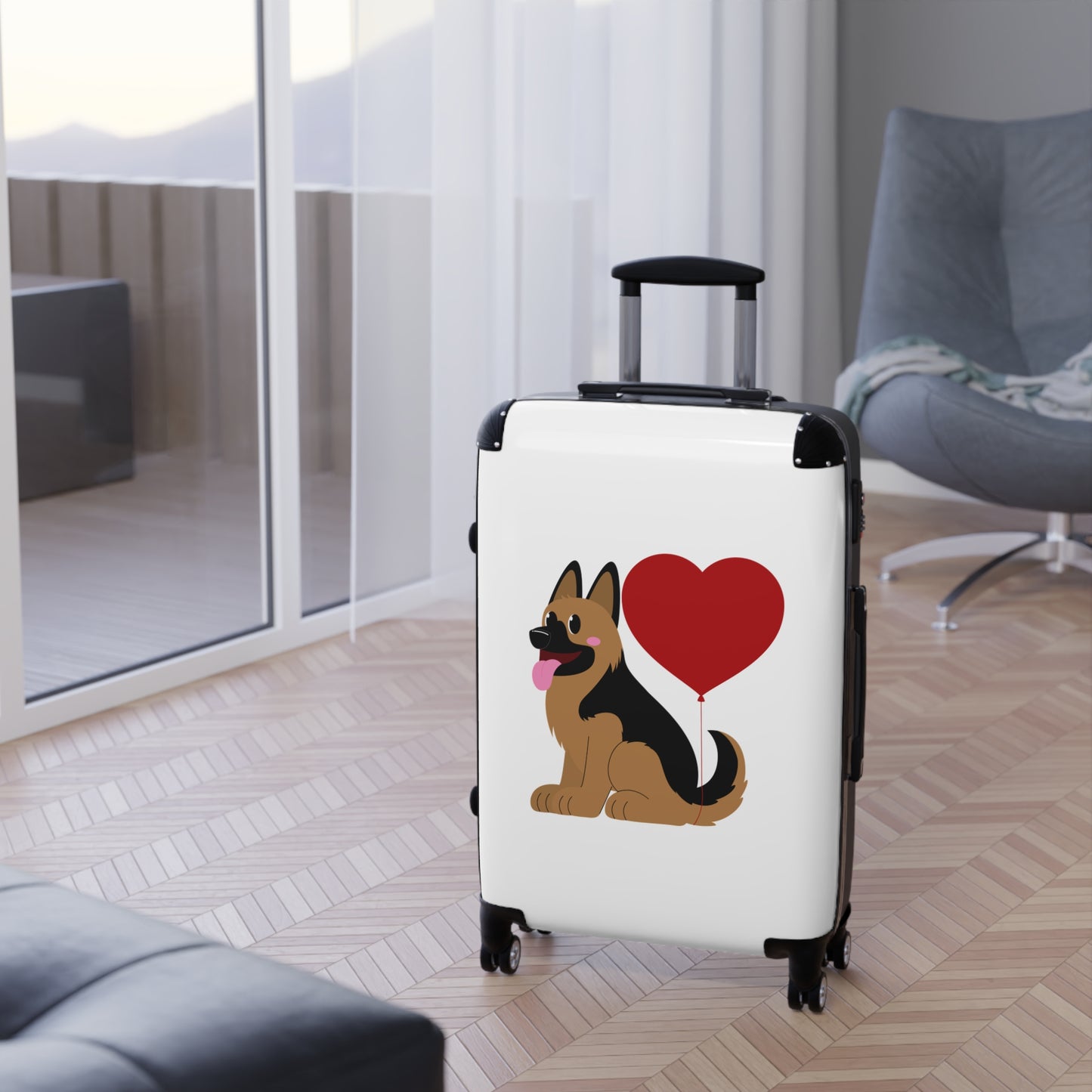 Dog Lover's Suitcase Featuring Graphic of a German Shepherd Puppy and Heart Shaped Balloon Attached to Tail