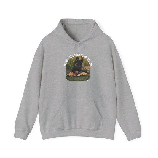 Unisex Dog Lover Hoodie With a German Shepherd Puppy and Caption Being Cute is My Kind of Vibe