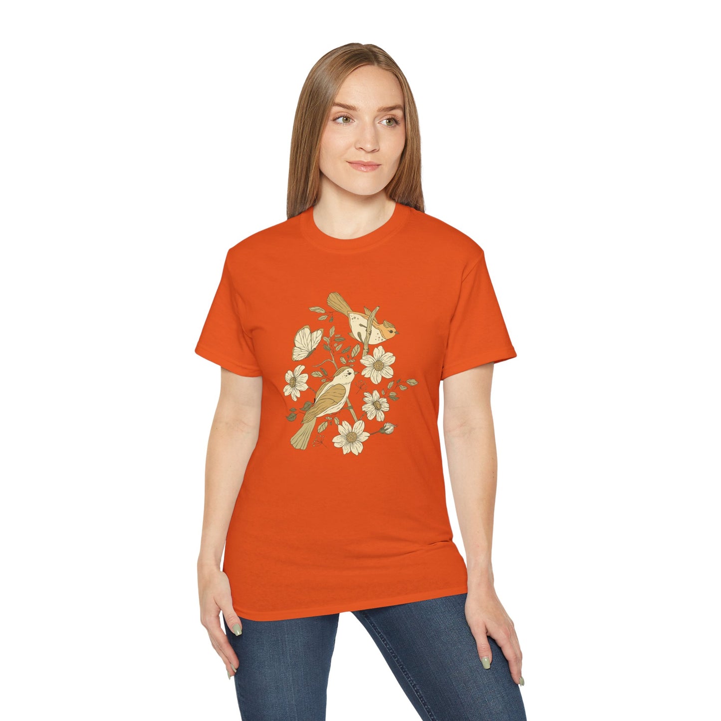 Nature-Inspired Unisex Tee, Floral Bird Print T-Shirt, Gift for Nature Lovers, Spring Fashion, Eco-Friendly Casual Wear
