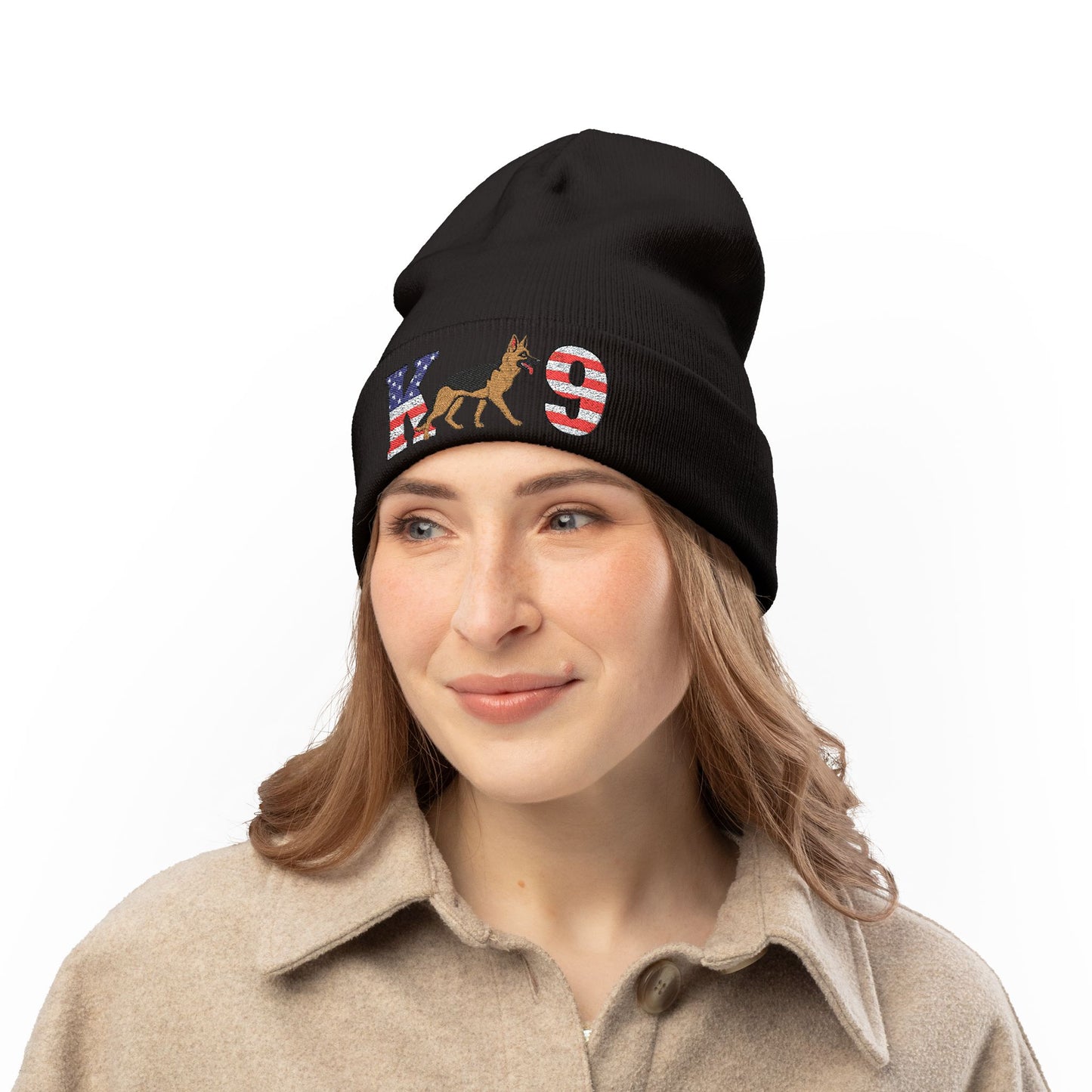Embroidered K9 American Flag Beanie Featuring a German Shepherd | Patriotic Knit Hat, Memorial Day Cap