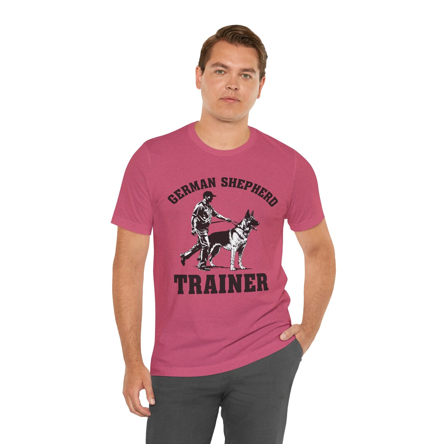 German Shepherd Trainer Tee - Black and White Design of Man Holding a German Shepherd
