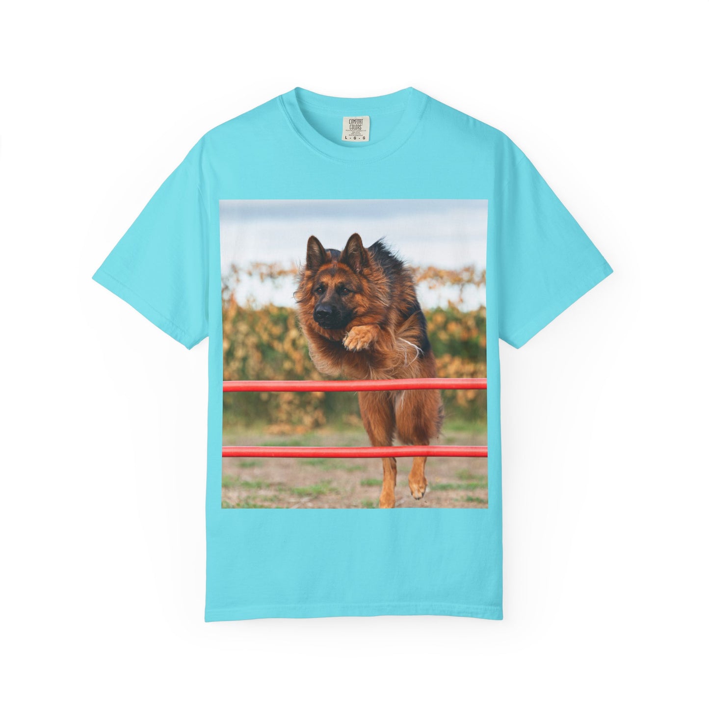 Dog Lover Unisex T-Shirt  Featuring Photograph of Showline German Shepherd Jumping Agility Fence