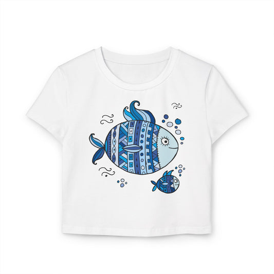 Boho Chic Women's Baby Tee with Blue Fish Design, Cute Summer Top, Fun Gift for Sea Lovers, Aquatic-themed Apparel, Beach Vibes