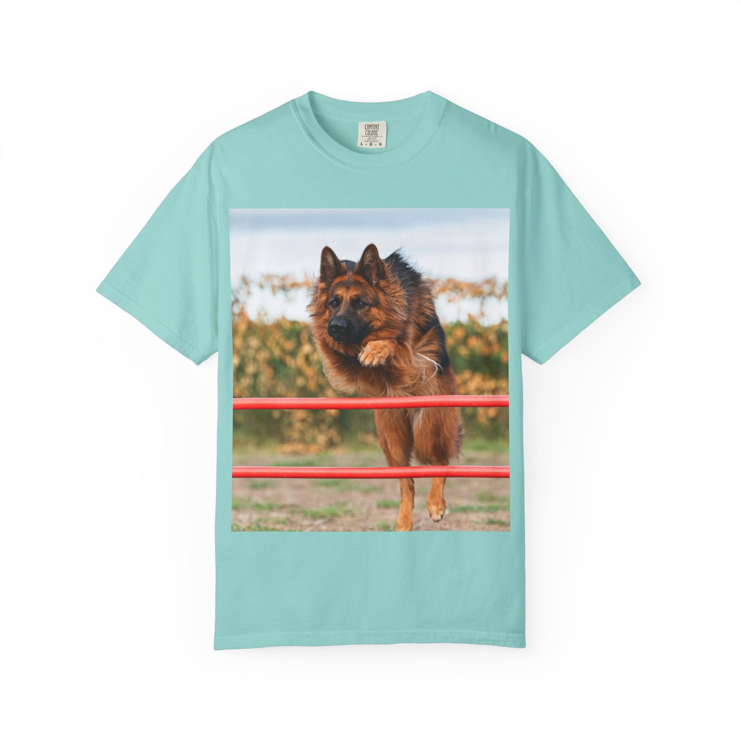 Dog Lover Unisex T-Shirt  Featuring Photograph of Showline German Shepherd Jumping Agility Fence