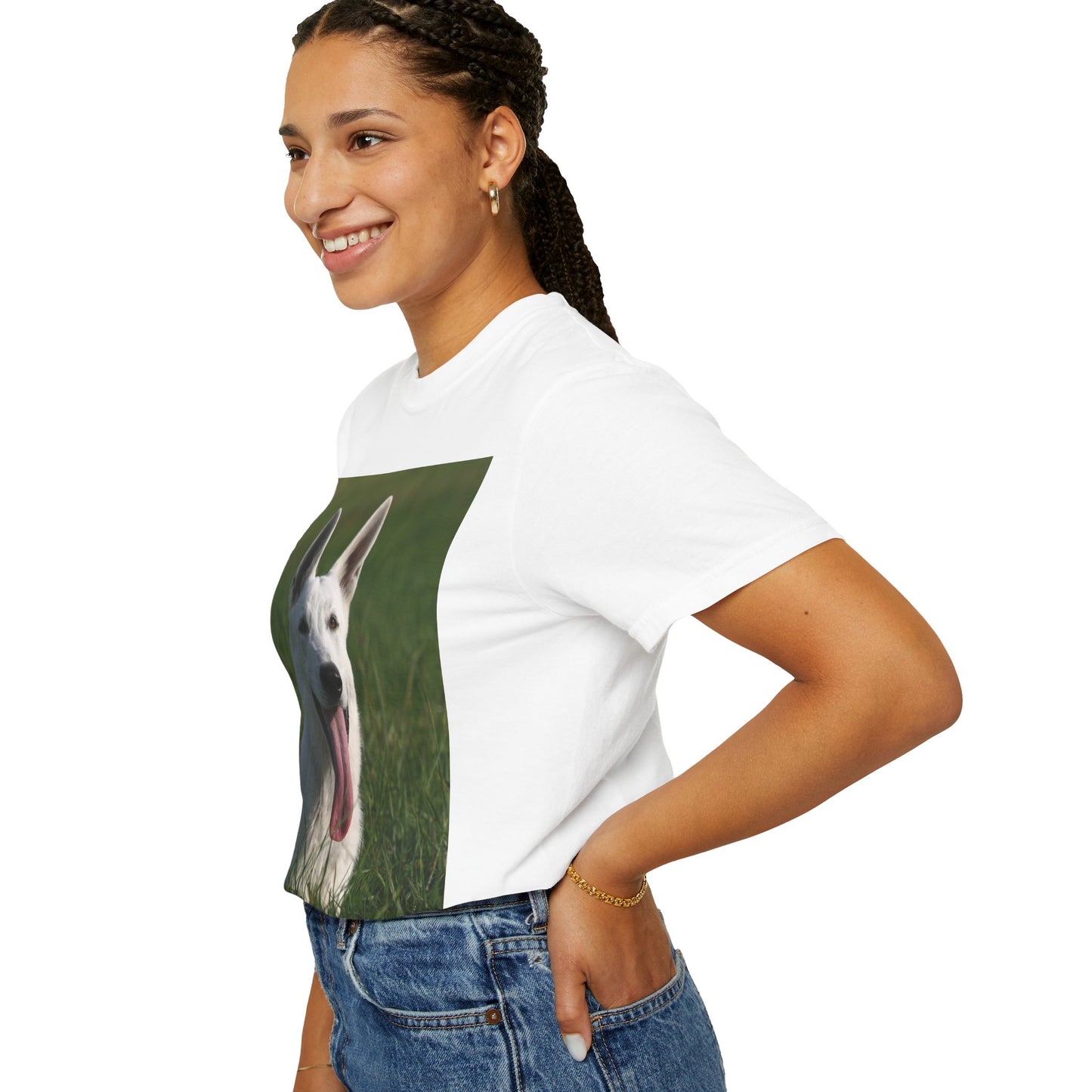 Unisex Dog Lover T-Shirt Featuring White German Shepherd Resting On Green Grass Leaving Tongue Out