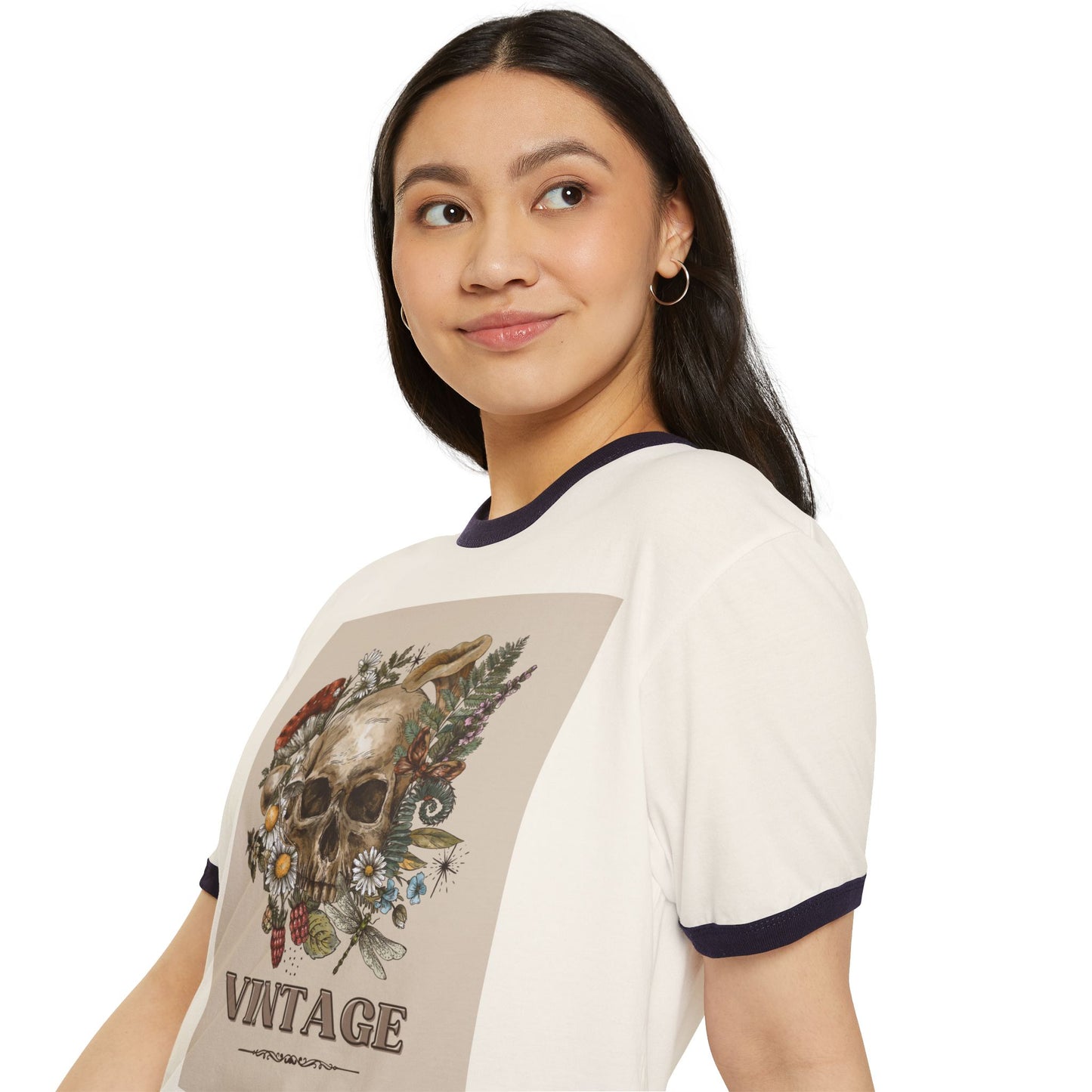 Vintage-Inspired Skull Ringer T-Shirt, Unisex Tee, Boho Style Shirt, Retro Graphic Top, Unique Gift for Halloween, Nature Lovers Apparel
