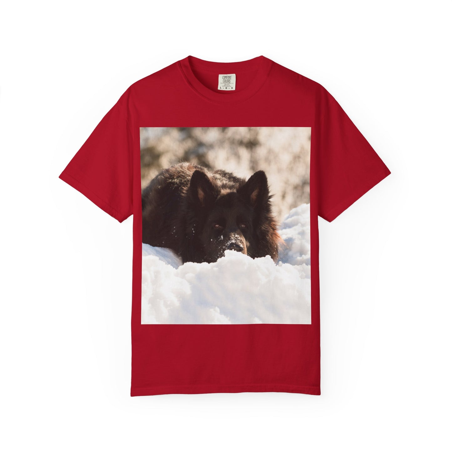 Unisex Dog Lover T-Shirt Featuring a Giant Black German Shepherd Resting on the Snow