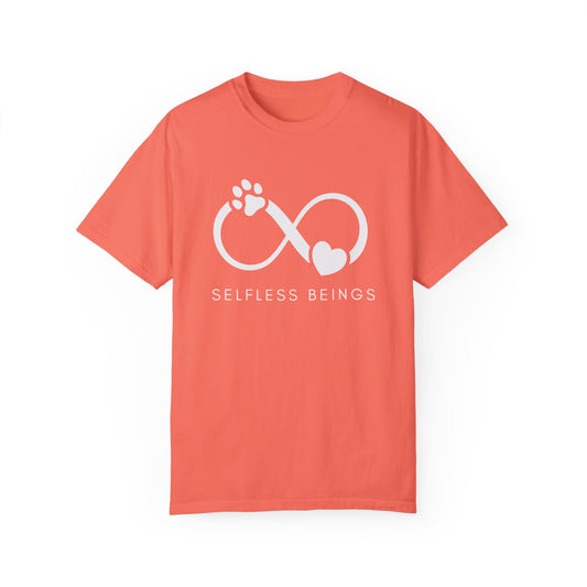 Unisex Dog Lover T-Shirt With Paw Print and Heart on Infinity Symbol and Caption Selfless Beings Below