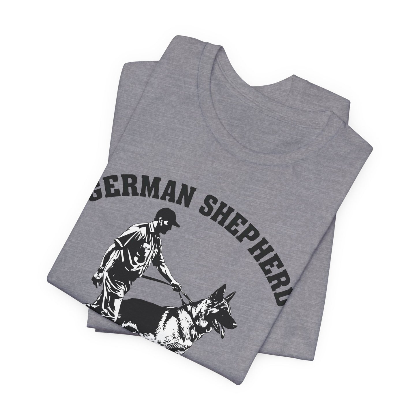 German Shepherd Trainer Tee - Black and White Design of Man Holding a German Shepherd