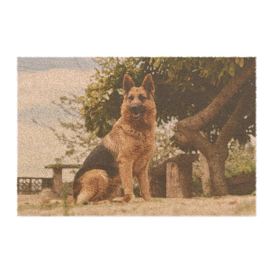 Personalized Doormat Featuring a Beautiful German Shepherd Sloppily Sitting in the Park