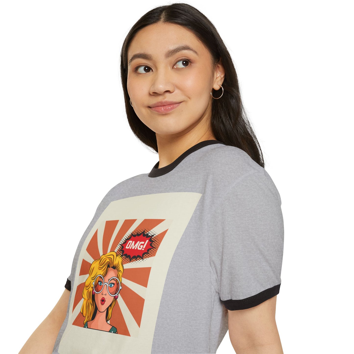 Vintage Graphic Ringer T-Shirt with ‘OMG!’ Design, Retro Cool Tee, Unisex Casual Wear, Gift for Her or Him, Trendy Apparel