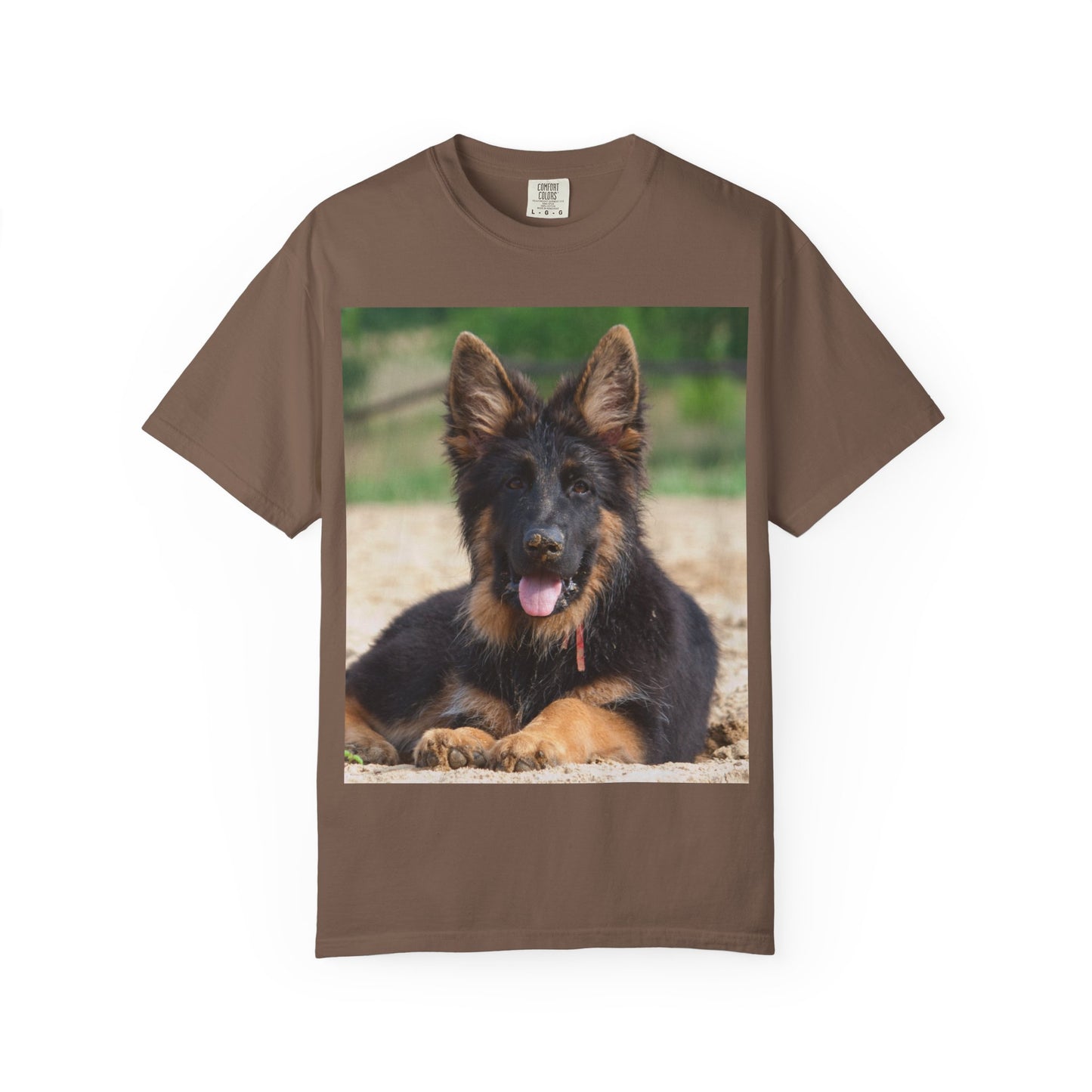 Unisex Dog Lover T-Shirt Featuring Photo of Stunning German Shepherd Puppy Resting on the Sand
