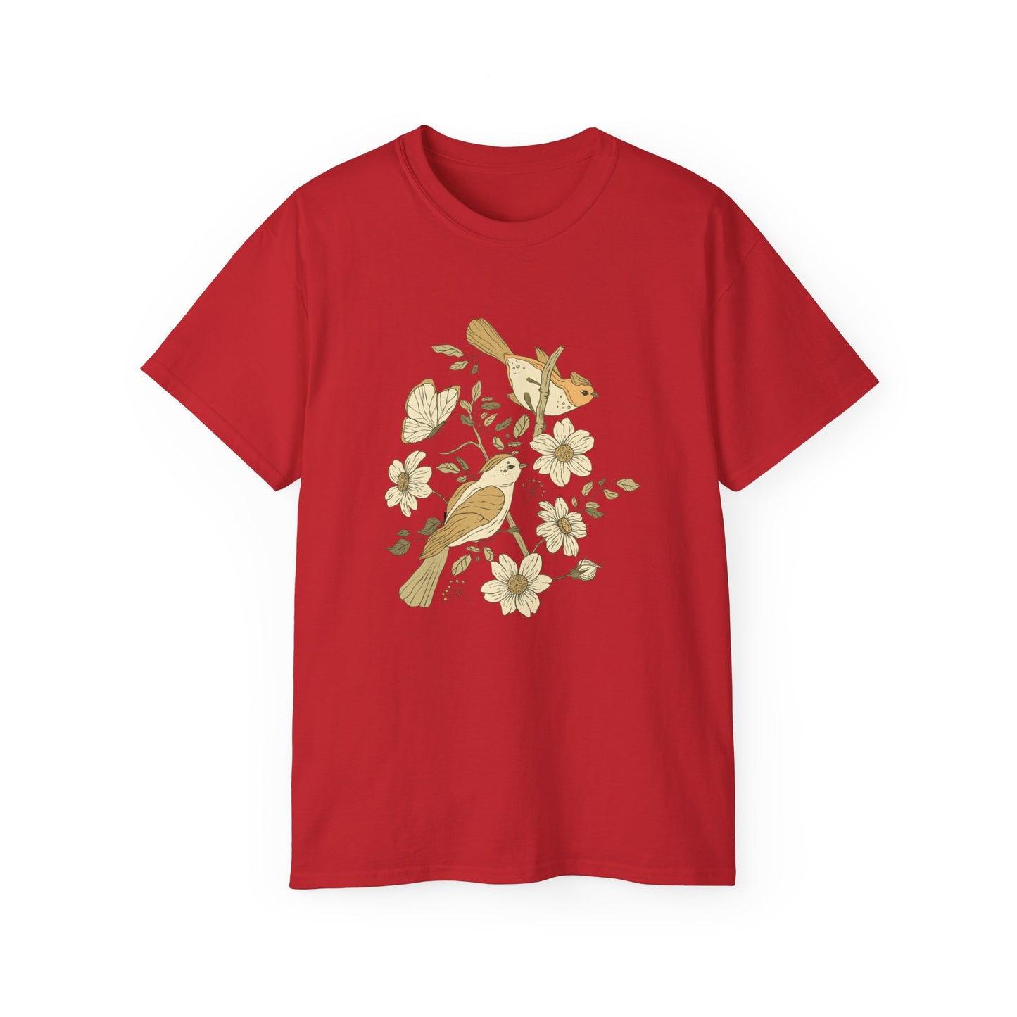 Nature-Inspired Unisex Tee, Floral Bird Print T-Shirt, Gift for Nature Lovers, Spring Fashion, Eco-Friendly Casual Wear