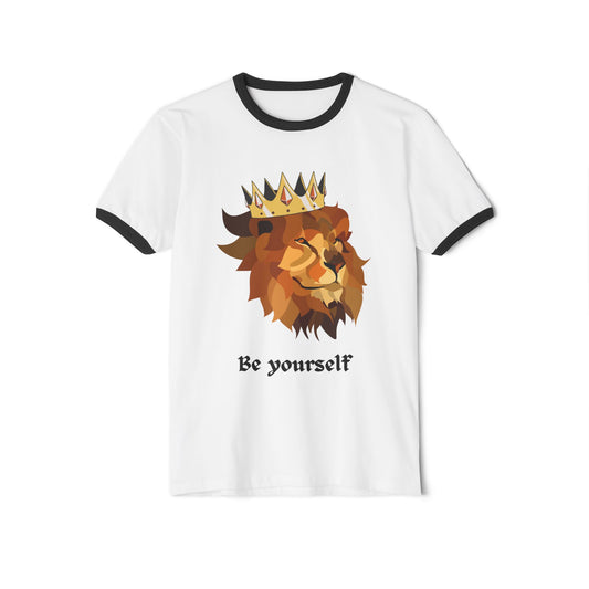 Bold Lion Graphic Cotton Ringer T-Shirt - Be Yourself, Unisex Tee, Casual Wear, Gift for Him/Her, Motivational Shirt