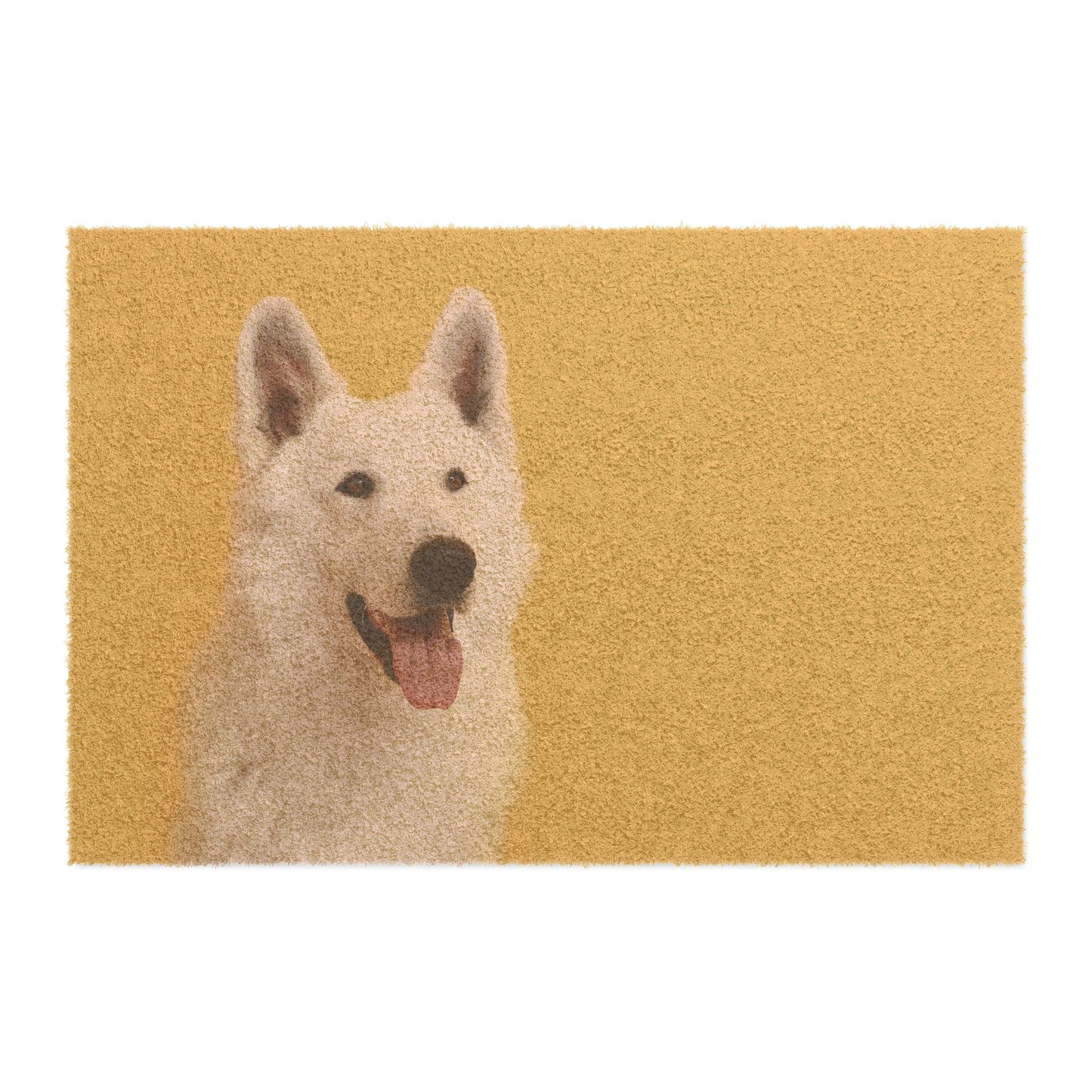 Personalized Dog Face Doormat Featuring a White German Shepherd With a Hanging Tongue