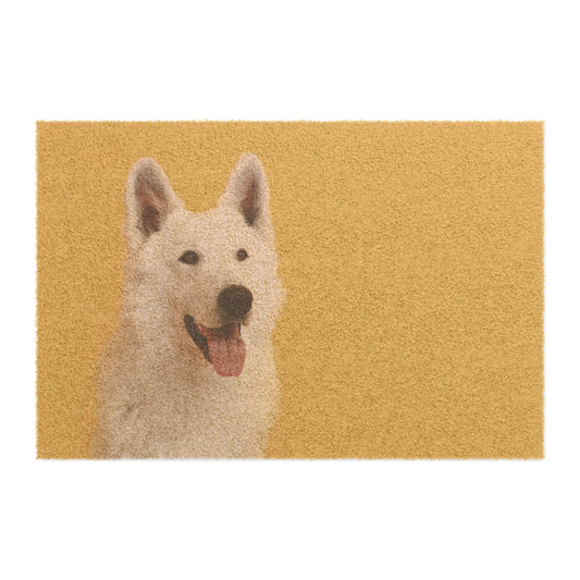 Personalized Dog Face Doormat Featuring a White German Shepherd With a Hanging Tongue